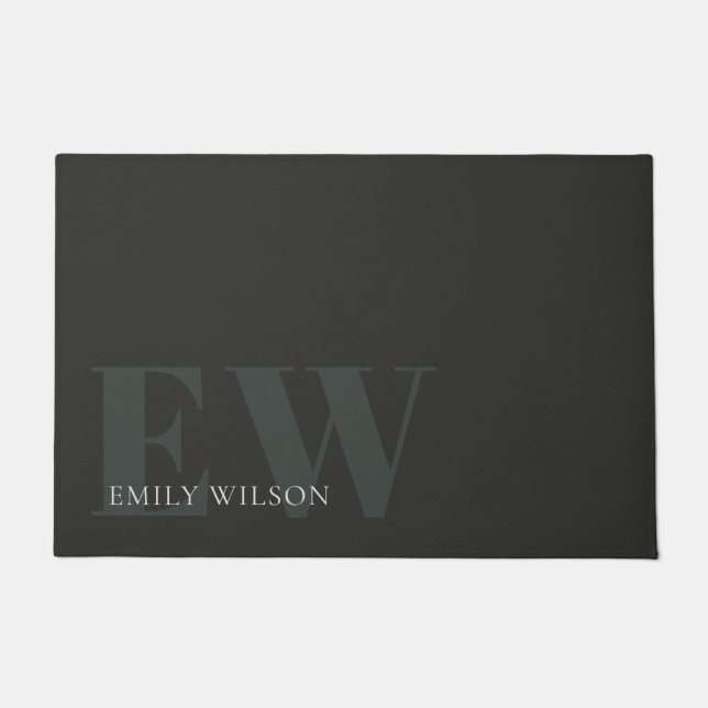 Elegant Rustic Dark Dusky Green Black Monogram Doormat (Front)