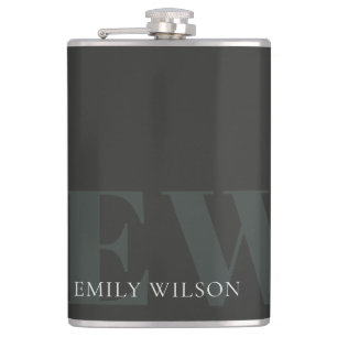 Elegant Rustic Dark Dusky Green Black Monogram Flask