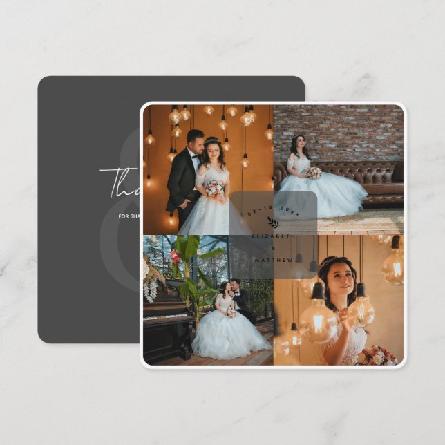 Elegant Rustic Dark Gray 4 Photo Collage Wedding Thank You Card (Front/Back)