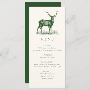 Elegant Rustic Deer Stag Fall Green Hunting Dinner Menu