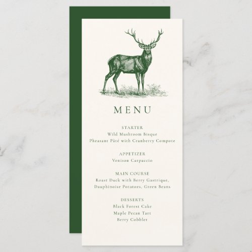 Elegant Rustic Deer Stag Fall Green Hunting Dinner Menu