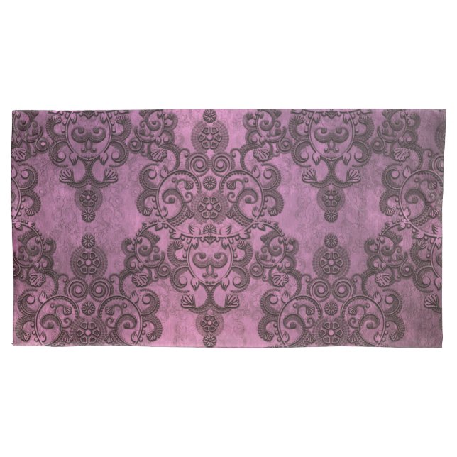 Elegant Rustic Distressed Purple Damask Pattern Pillow Case (Front-Left)