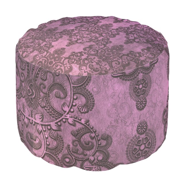 Elegant Rustic Distressed Purple Damask Pattern Pouf (Angled Back)