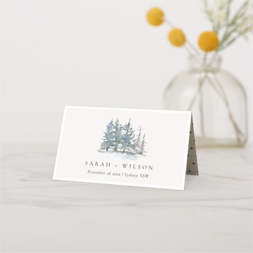 Elegant Rustic Dusky Green Blue Pine Woods Wedding Place Card
