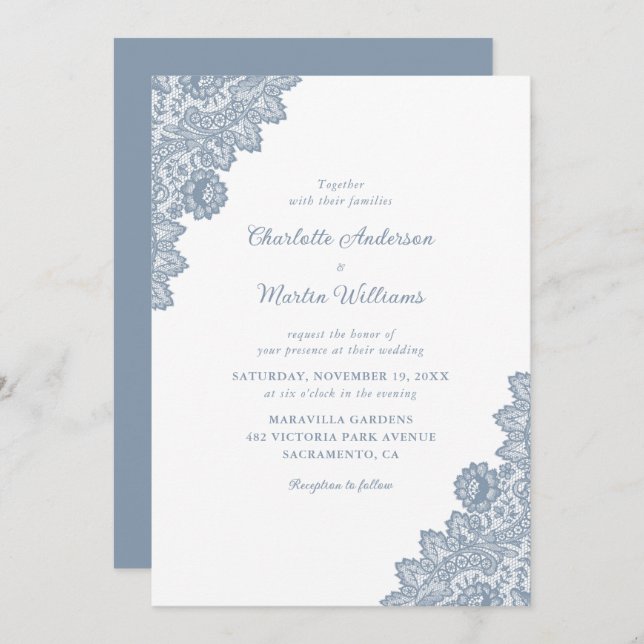 Elegant Rustic Dusty Blue Lace Wedding Invitations (Front/Back)