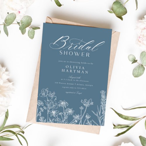 Elegant Rustic Dusty Blue Wildflower Bridal Shower Invitation