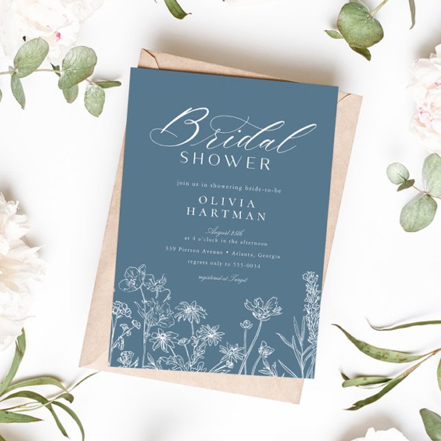 Elegant Rustic Dusty Blue Wildflower Bridal Shower Invitation (Creator Uploaded)