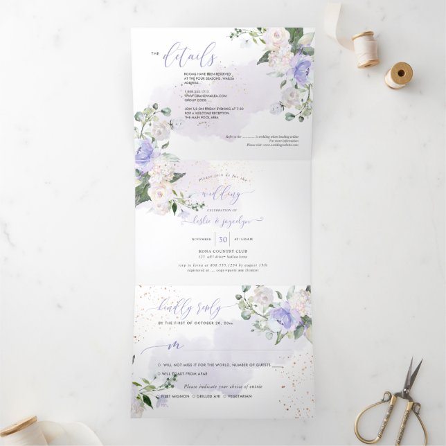 Elegant Rustic Dusty Purple Watercolor Roses Tri-Fold Invitation (Inside)