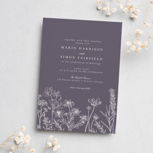 Elegant Rustic Dusty Purple Wildflower Wedding Invitation