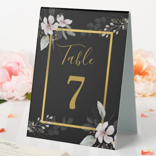 Elegant Rustic Dusty White flowers watercolor Gold Table Tent Sign