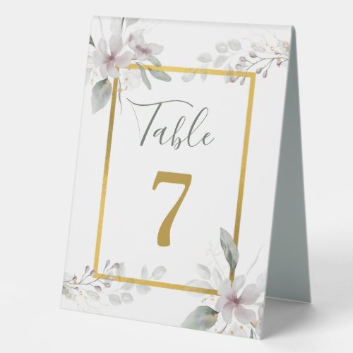 Elegant Rustic Dusty White flowers watercolor Gold Table Tent Sign