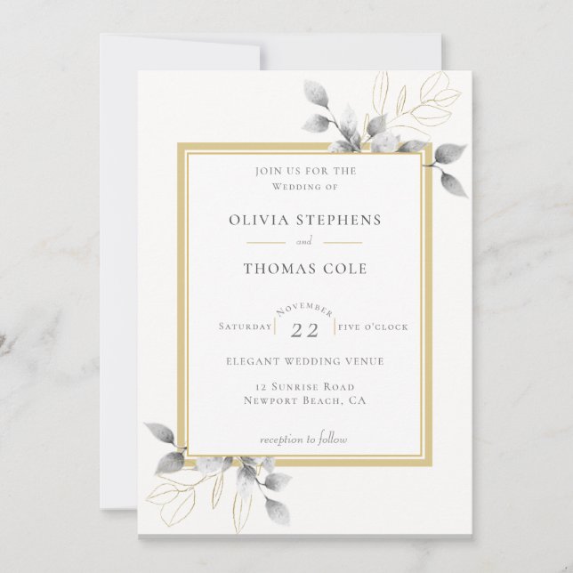 Elegant Rustic Eucalyptus Black White Gold Wedding Invitation (Front)