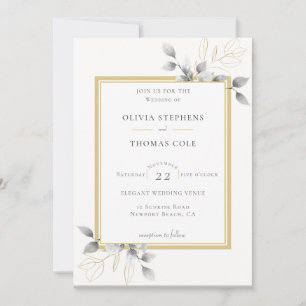 Elegant Rustic Eucalyptus Black White Gold Wedding Invitation
