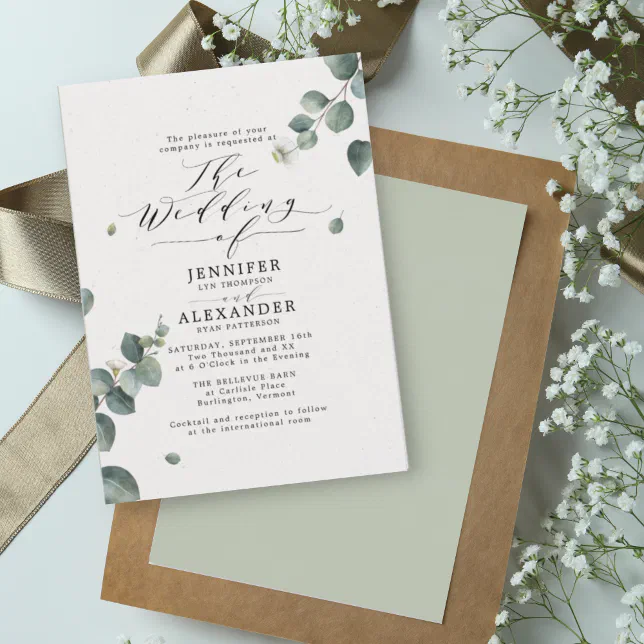Elegant Rustic Eucalyptus Calligraphy Wedding Invitation | Zazzle