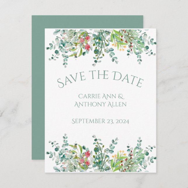 Elegant Rustic Eucalyptus Floral Save the Date (Front/Back)