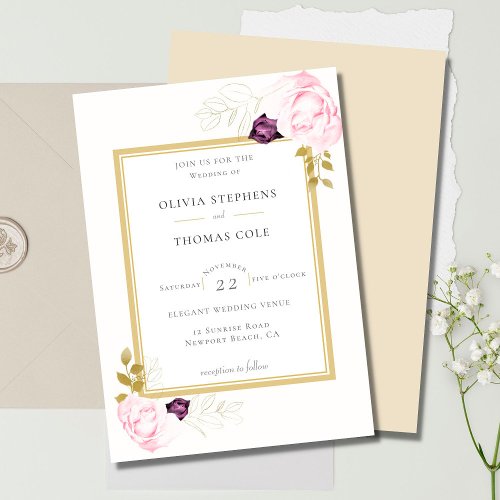 Elegant Rustic Eucalyptus Gold Frame Roses Wedding Invitation