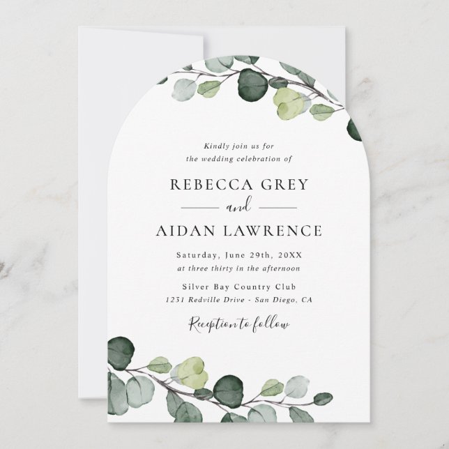 Elegant Rustic Eucalyptus Greenery Arch Wedding Invitation (Front)