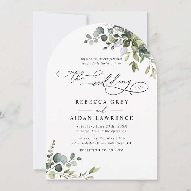 Elegant Rustic Eucalyptus Greenery Arched Wedding Invitation (Front)