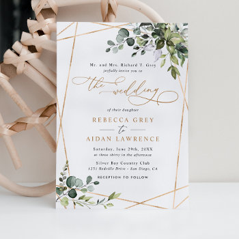 Elegant Rustic Eucalyptus Greenery Gold Wedding Invitation by PeachBloome at Zazzle