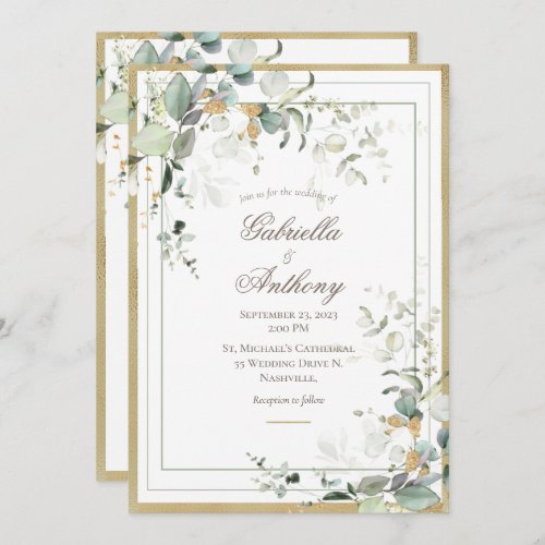 Elegant Rustic Eucalyptus Greenery Gold Wedding  Invitation