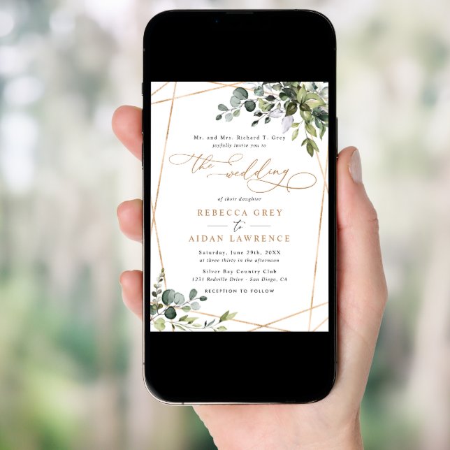 Elegant Rustic Eucalyptus Greenery Gold Wedding Invitation (Front Digital)