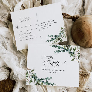 Elegant Rustic Eucalyptus Greenery Wedding RSVP Postcard