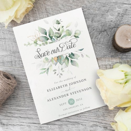 Elegant Rustic eucalyptus leaf greenery wedding Save The Date