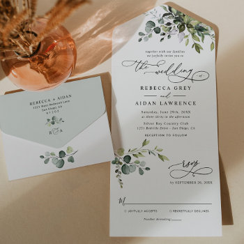 Elegant Rustic Eucalyptus Leaves Greenery Wedding All In One Invitation by PeachBloome at Zazzle