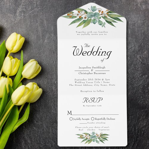 Elegant Rustic Eucalyptus Leaves Greenery Wedding All In One Invitation