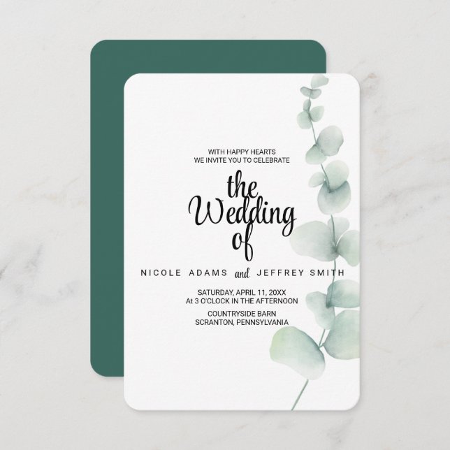 Elegant Rustic Eucalyptus Leaves Greenery Wedding  Invitation (Front/Back)