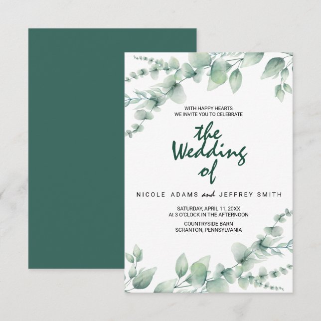 Elegant Rustic Eucalyptus Leaves Greenery Wedding  Invitation (Front/Back)