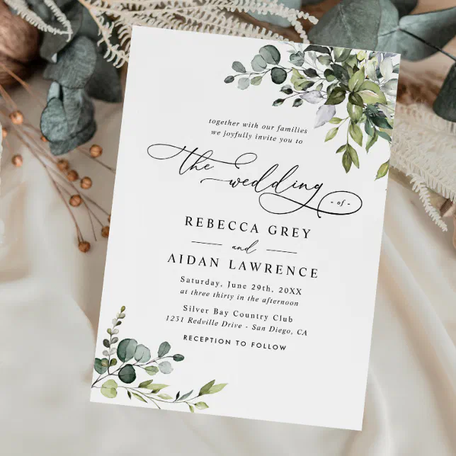 Elegant Rustic Eucalyptus Leaves Greenery Wedding Invitation | Zazzle