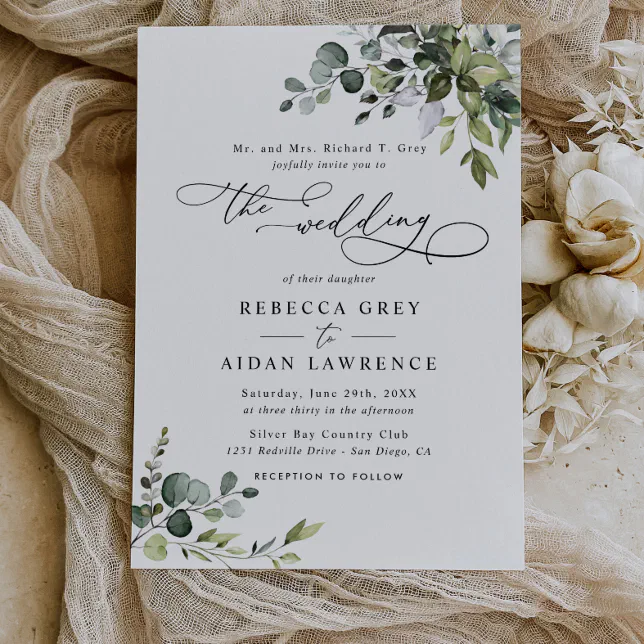 Elegant Rustic Eucalyptus Leaves Greenery Wedding Invitation | Zazzle