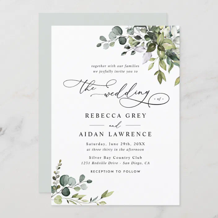 Personalised Rustic Botanical Wedding Invitation Set Green Leaves Day or Evening 