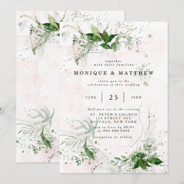 Elegant Rustic Eucalyptus Leaves Pink Wedding Invitation (Front/Back)