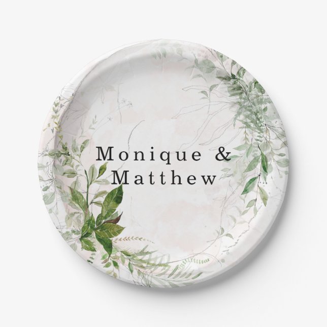 Elegant Rustic Eucalyptus Leaves Pink Wedding Paper Plates (Front)
