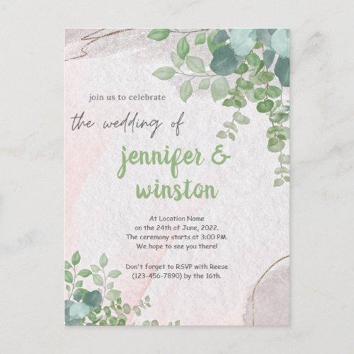 Elegant Rustic Eucalyptus Leaves Wedding Invitation Postcard