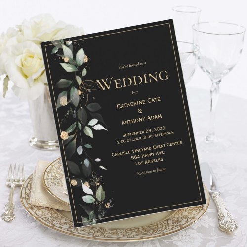 Elegant Rustic Eucalyptus Pastel Black Wedding Invitation