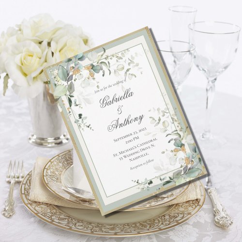 Elegant Rustic Eucalyptus Sage Gold Wedding  Invitation