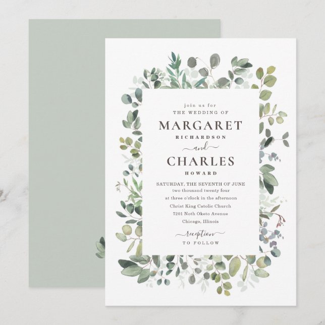 Elegant Rustic Eucalyptus Sage Green Wedding Invit Invitation (Front/Back)