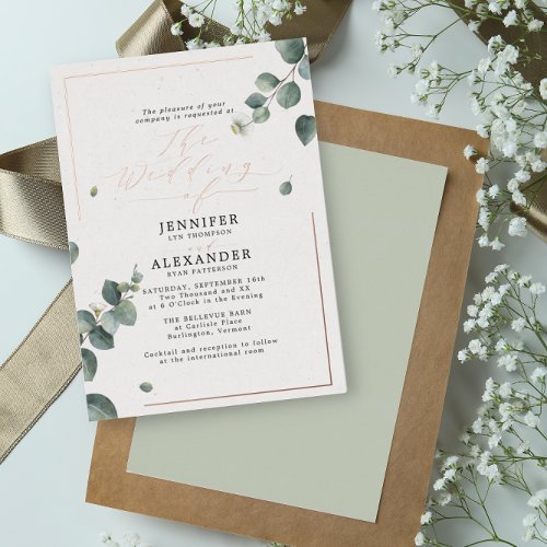 Elegant Rustic Eucalyptus Script Wedding Rose Foil Invitation
