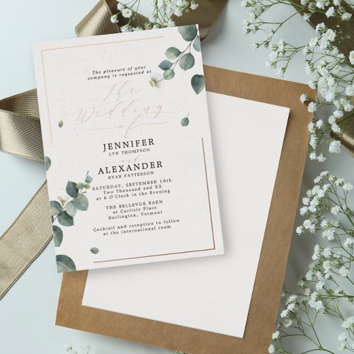 Elegant Rustic Eucalyptus Script Wedding Rose Foil Invitation