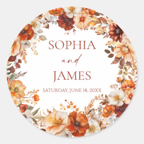 Elegant Rustic Fall Autumn Floral Wedding Classic Round Sticker