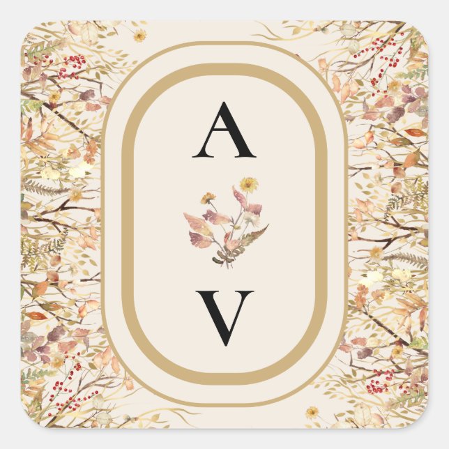 Elegant Rustic Fall Beige Wedding Monogram Square Sticker (Front)