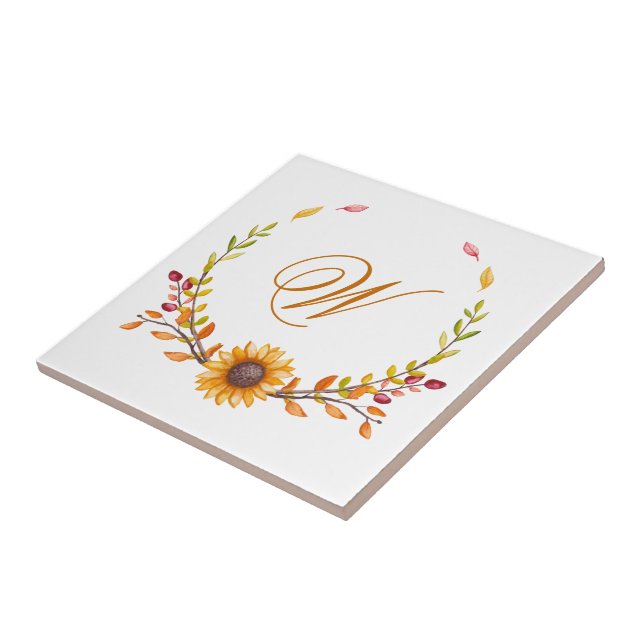 Elegant Rustic Fall Floral Bouquet Monogram Ceramic Tile (Side)