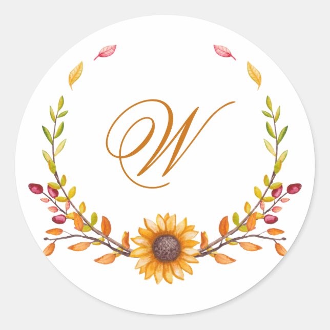 Elegant Rustic Fall Floral Bouquet Monogram Classic Round Sticker (Front)