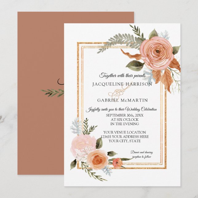 Elegant Rustic Fall Floral Copper Gold Wedding Invitation (Front/Back)