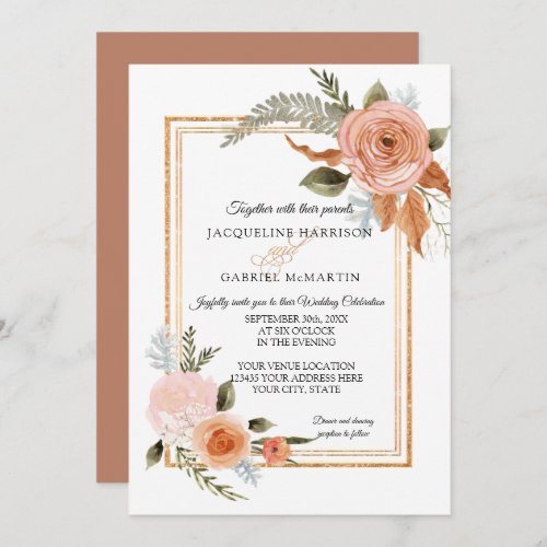 Elegant Rustic Fall Floral Copper Gold Wedding Invitation
