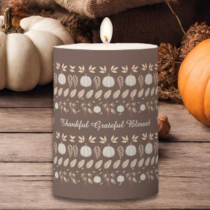 Elegant Rustic Fall Floral Pumpkin Thankful Pillar Candle