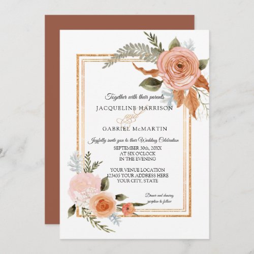 Elegant Rustic Fall Floral Terracotta Gold Wedding Invitation